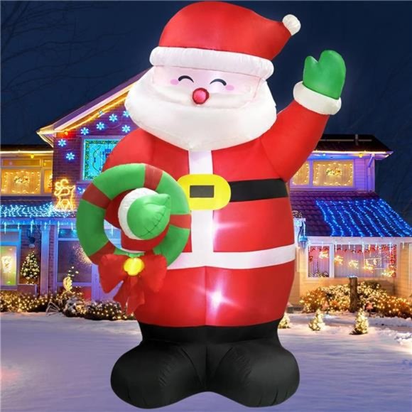 8 FT Christmas Inflatables Santa Claus Holding Garland Outdoor, Build in LED - Picture 1 of 6